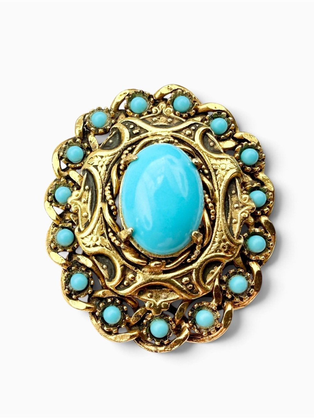 Large Vintage Ornate Goldtone Turquoise Milk Glass Cabochon Rhinestone Brooch - Picture 4 of 7